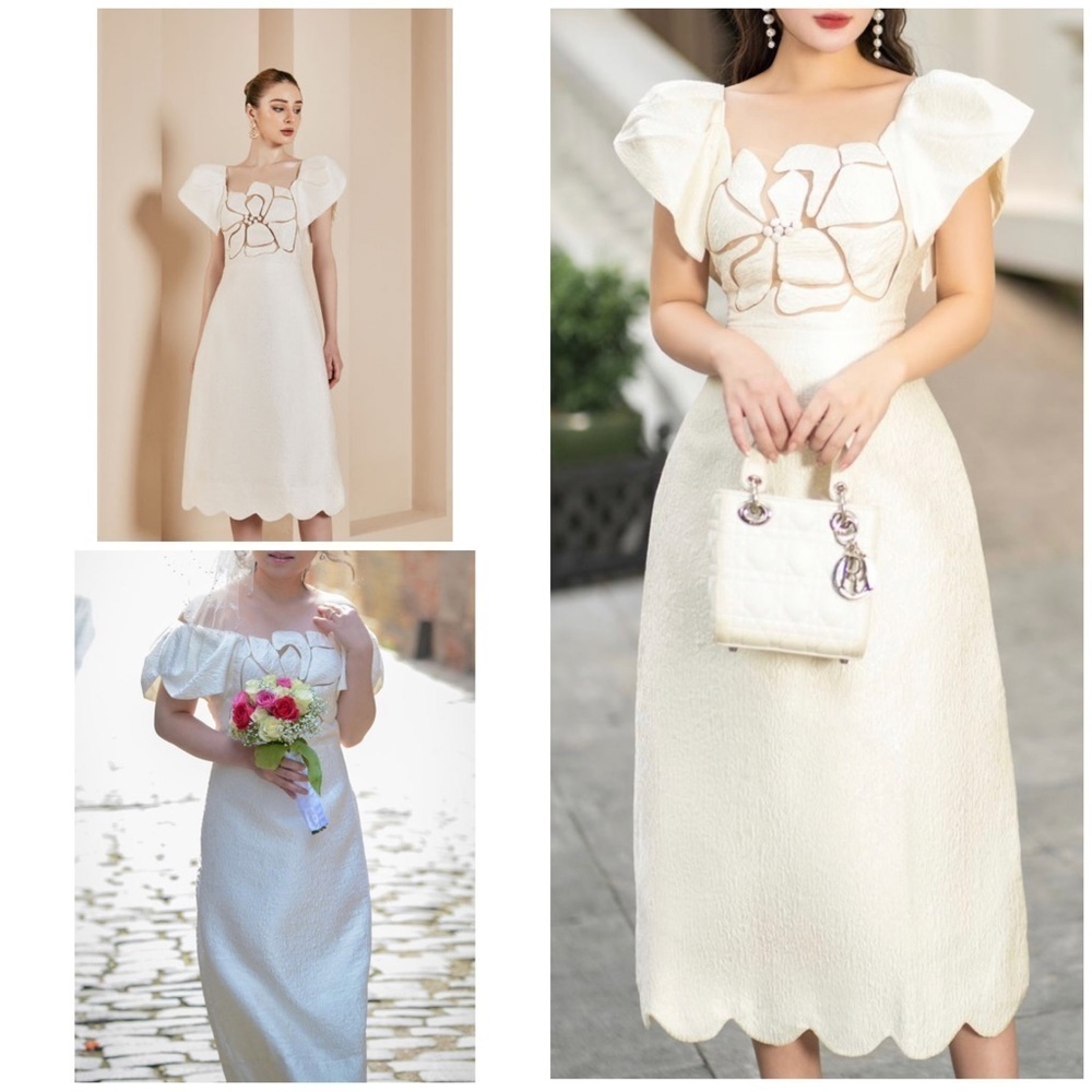 NWT DE LEVU Gema Scalloped Hems 3-D Floral Cream Cocktail Bridal Sheath Dress 4﻿